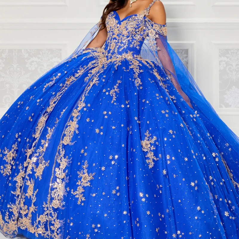 

Royal Blue Shiny Ball Gown Quinceanera Dresses With Cape Gold Applique Lace Beads Tulle Lace Up Vestidos De Fiesta 15 Anos Sweet