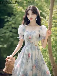 OCEANLOVE Puff Sleeve Floral Women Dresses Spring Summer French Style Vintage Vestidos Mujer Fashion Elegant Long Dress