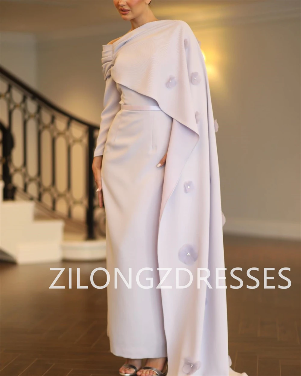 Customized Purple Jersey Evening Dresses Exquisite Long Sleeves Homecoming Dresses Fashion Flowers Special Occasion Gowns