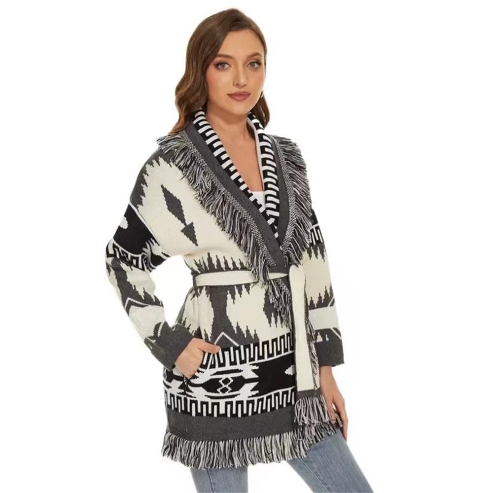 Fashion Bohemian Winter Women\'s Jacquard Pattern Cashreme Wool Cardigan Tassel Oversize Sweater  Female Coat 2023