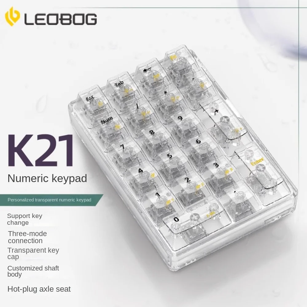 Imagem -05 - Leobog K21 Teclado Numérico Transparente sem Fio Modo Triplo Mecânico Personalizado Almofada Troca Quente Kit Bluetooth Teclado Contabilidade