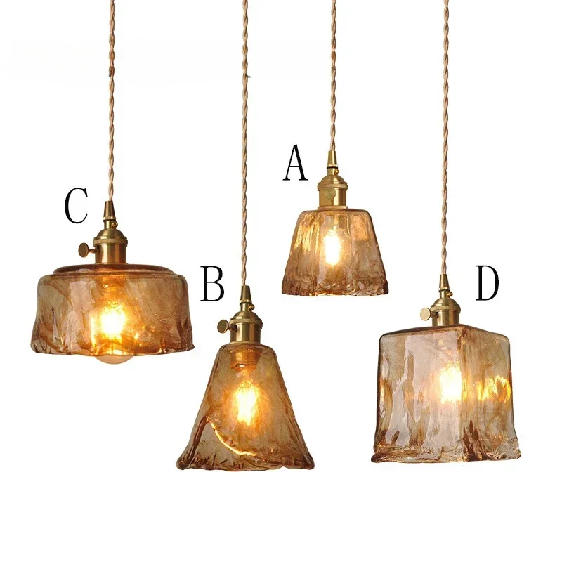 

Retro Amber Glass Pendant Lamp Personality Bedroom Home Bed Chinese Study Porch Chandelier E27 Japanese Series Hanging Lights