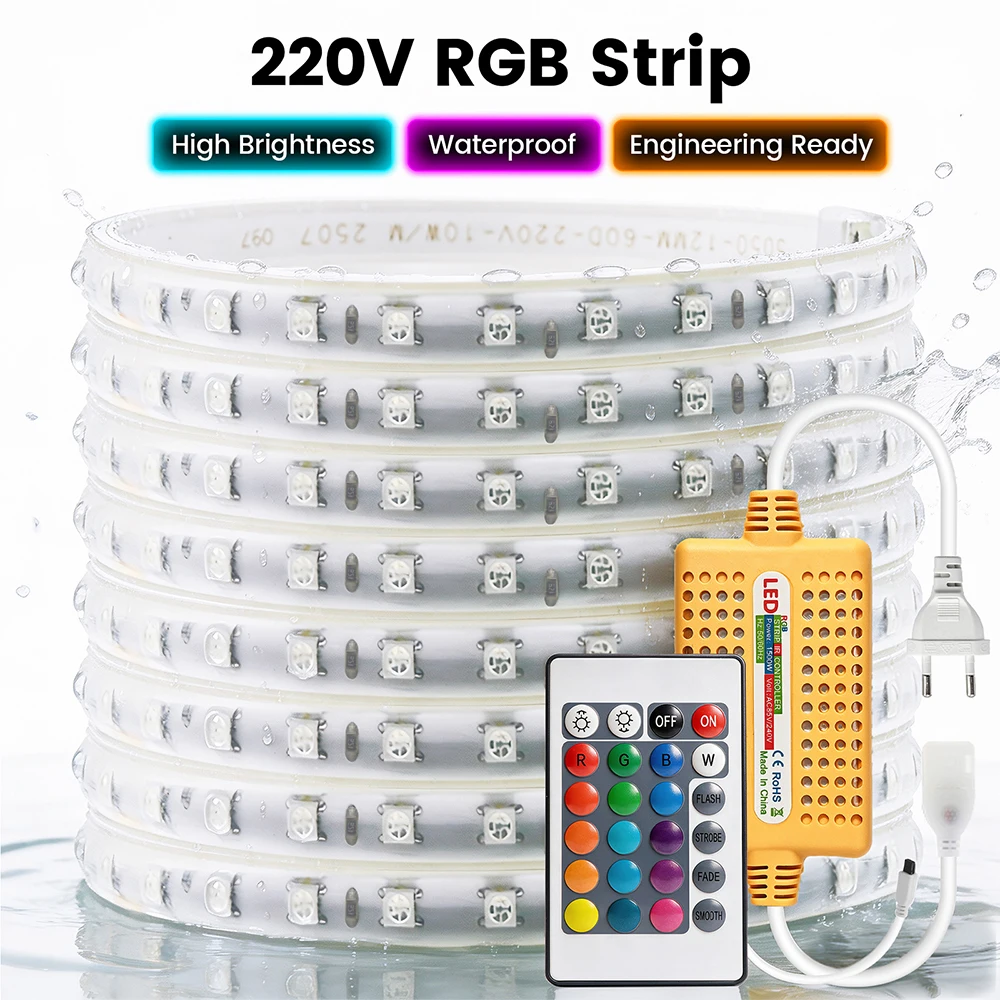 220V Waterproof RGB LED Light 5050 60Leds/m Strip EU Plug with 24key Remote Flexible Ribbon for Kitchen Counter Bar Cafe Decor