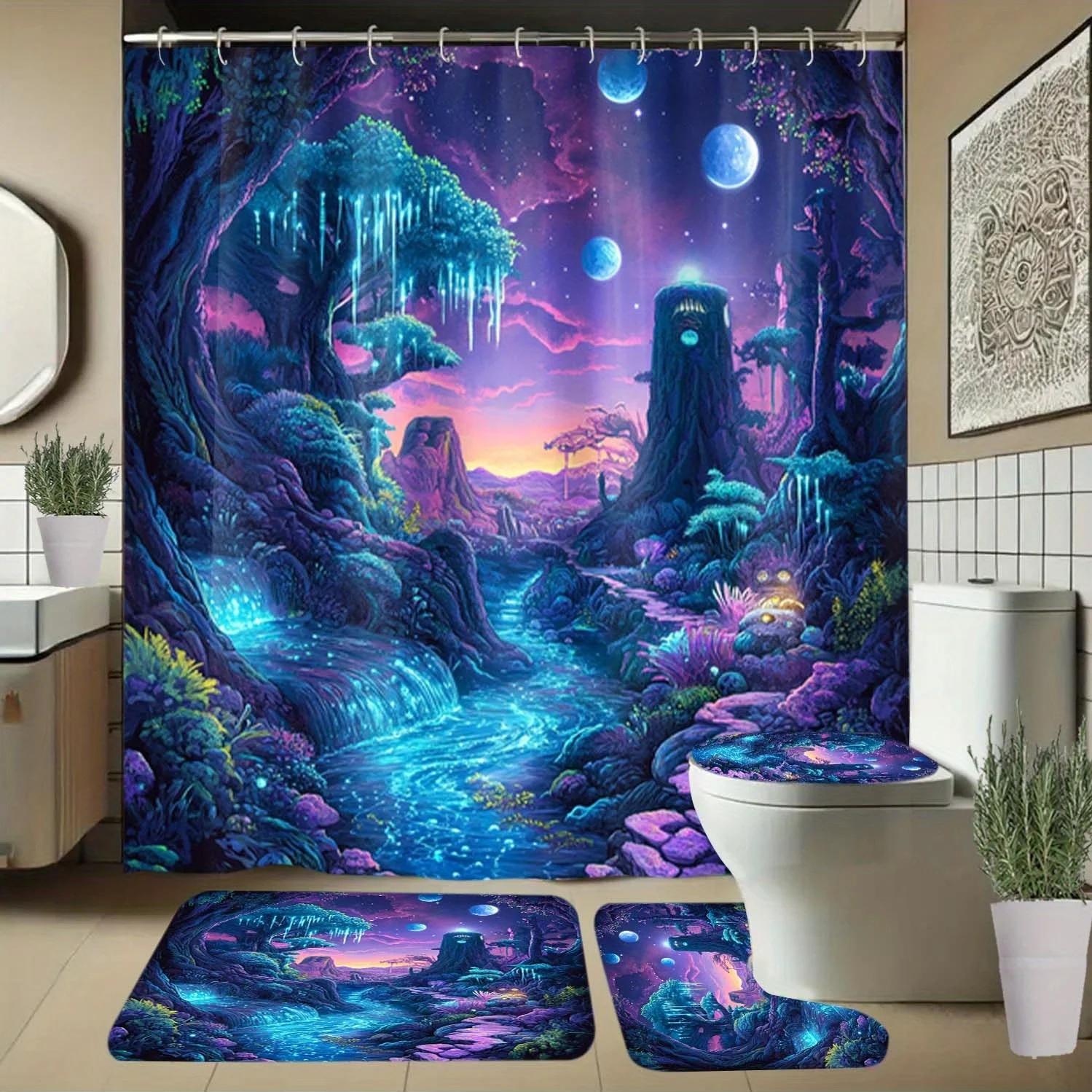 

4pcs Magic Forest, Starry Sky, Two Moons Pattern Shower Curtain with Hooks, Bathroom Partition Curtain, Bathroom Accessories