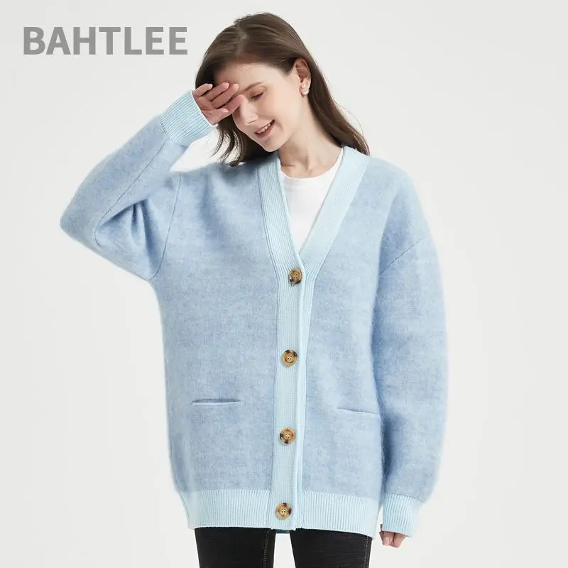 BAHTLEE-Women's Mohair Cardigan, Knitted Sweater, V-Neck, Solid Long Sleeves, Pocket, Cowhorn Button, Spring