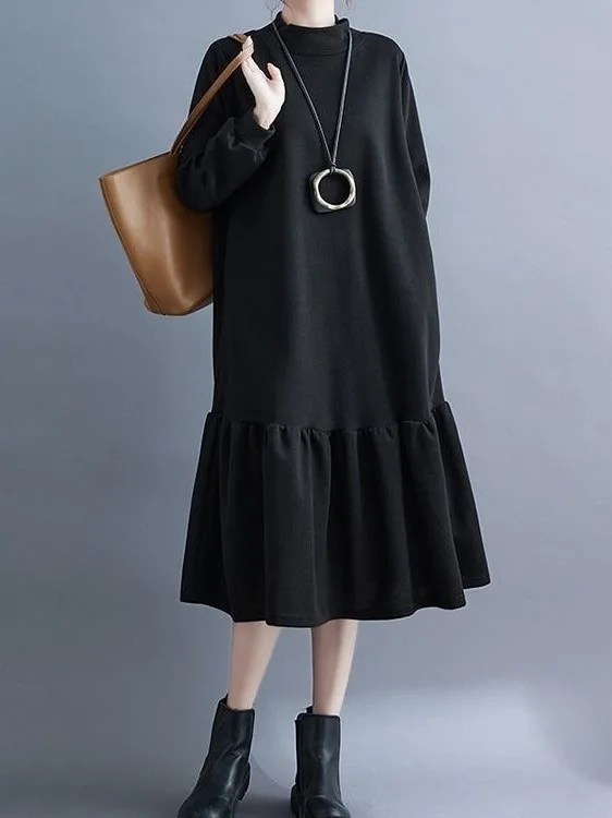 

plus Size Maternity Dress Korean Style High Neck A-Line Fleece-lined Midi Skirt for Women Autumn Winter Floral Lace Hemline