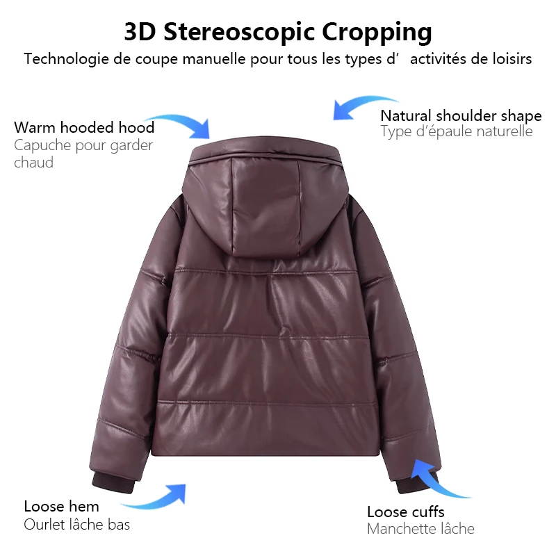 Pufferjack van kunstleer met capuchon en taille met trekkoord Gewatteerde korte stijl Warme en modieuze commuterjas Dameskleding