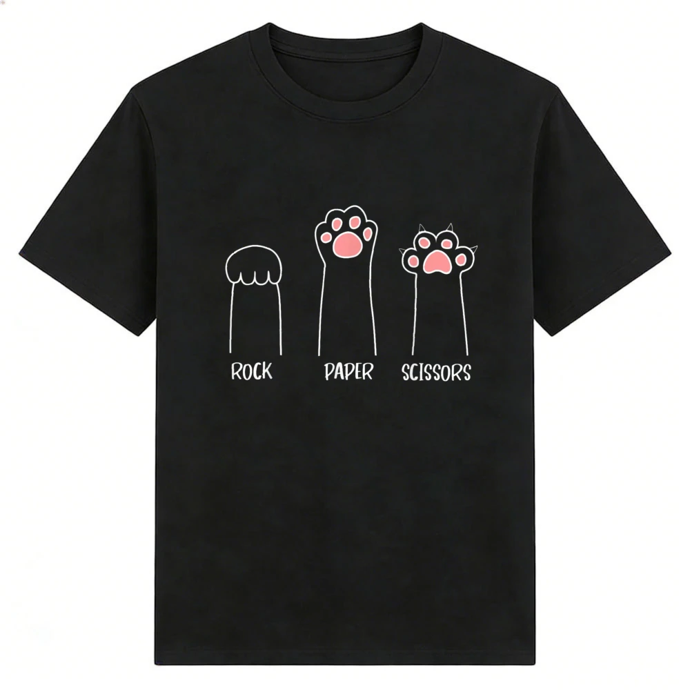 Rock Paper Scissors Cat Paws T-Shirt Casual Short Sleeve Clothes Cotton Tee Funny Kitten Graphic Humor Streetwear Tops