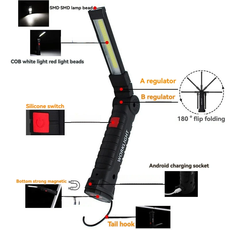 Rechargeable Camping LED Flashlight Work Light with Magnet and Hook IP64 Waterproof 5 Lighting Modes Suitable for Night Work