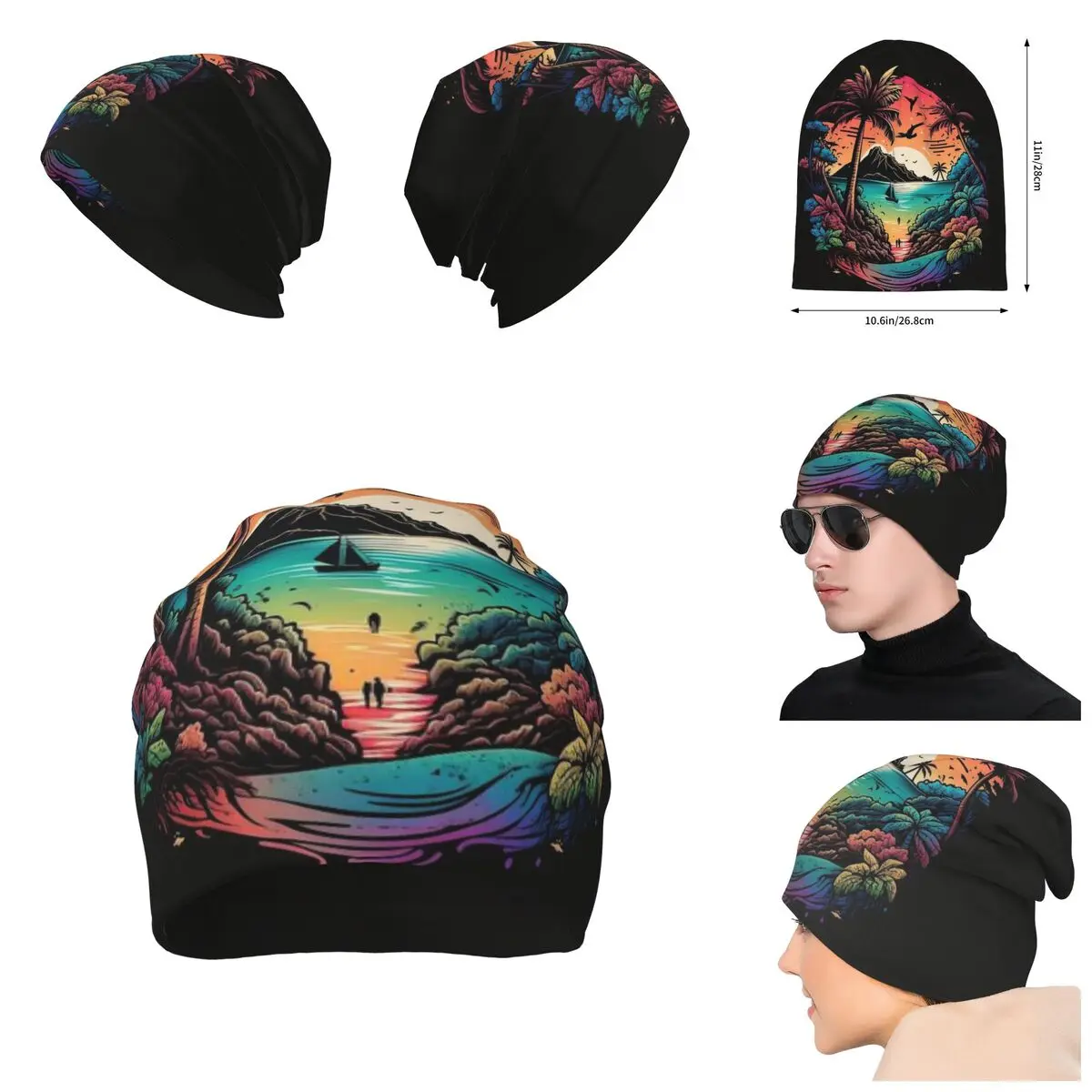 Retro Comics Pattern With Palm Tree Hand Roller Unisex Knitted Hat, Beanies Hat For Men And Women Outdoor Hat