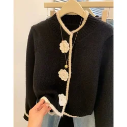 2024 Women Black Clothing Cardigan Knitting Sweater Long Sleeve Round Neck Casual Fashion Coat Female Flower Design Winter Tops