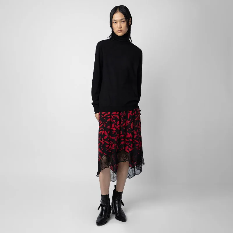 

Zadig Women Long Skirt Casual Cotton Knee Length Lace Skirts Female Chic Maple Leaf Balck Red Print Jupes Viscose Short Dress