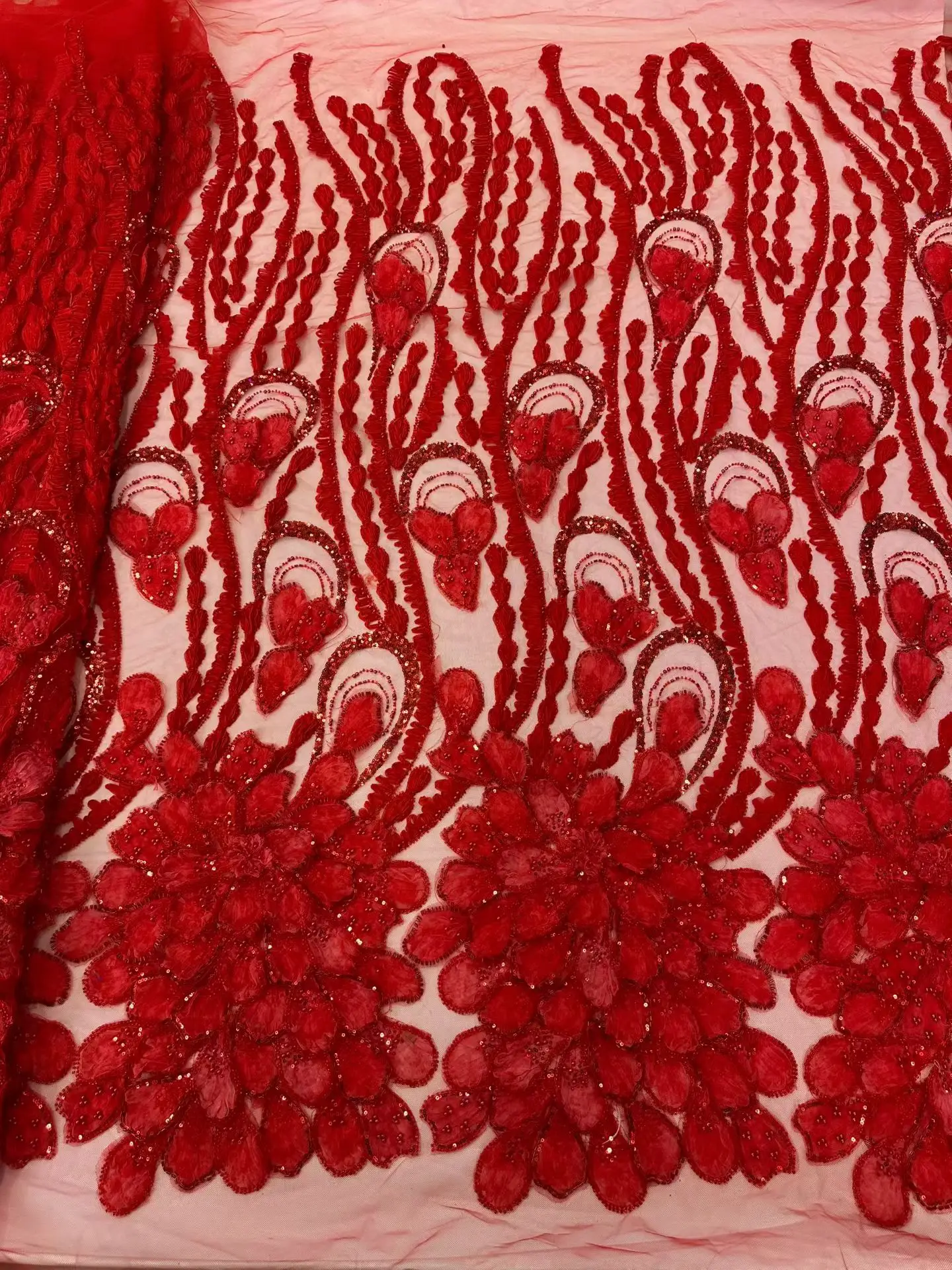 

3D Flowers French Nigerian Beads Laces Fabrics High Quality Tulle African Sequins Laces Fabric Wedding AWS6425