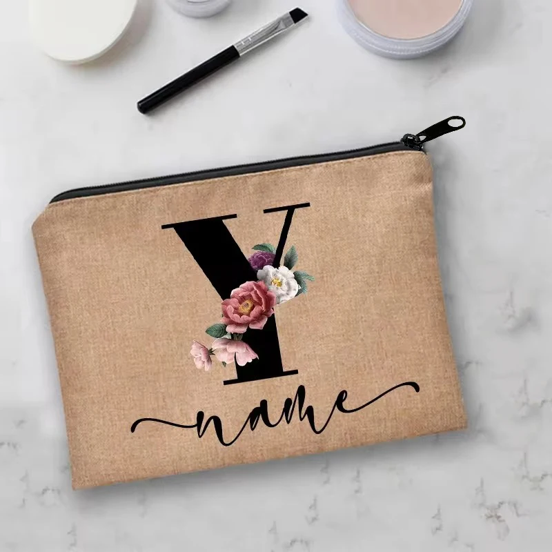 Bolsa de maquillaje personalizada para dama de honor, estuche de lino para cosméticos, bolsa de aseo de lona