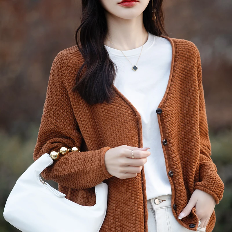 

Women's Cardigan Spring/Autumn 100% Cotton Knitwear Casual Ladies' Tops Single-breasted Sweater Jacket V-neck Loose Blouse