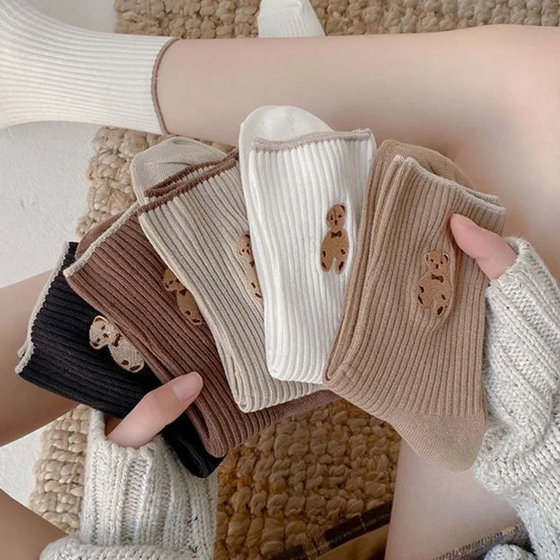 5 Pairs Japanese Women Mid-Tube Socks Autumn Winter New School Style Simple Casual Cotton Socks Tide Medium Length Stockings