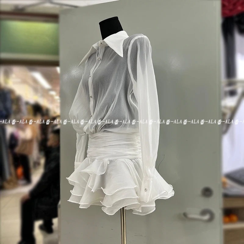 Spring Summer New Korean Fashion Pointed Collar Pleated Layered Shirt Dress High-End Elegant Slim-Fit Commuter Women Mini Dress