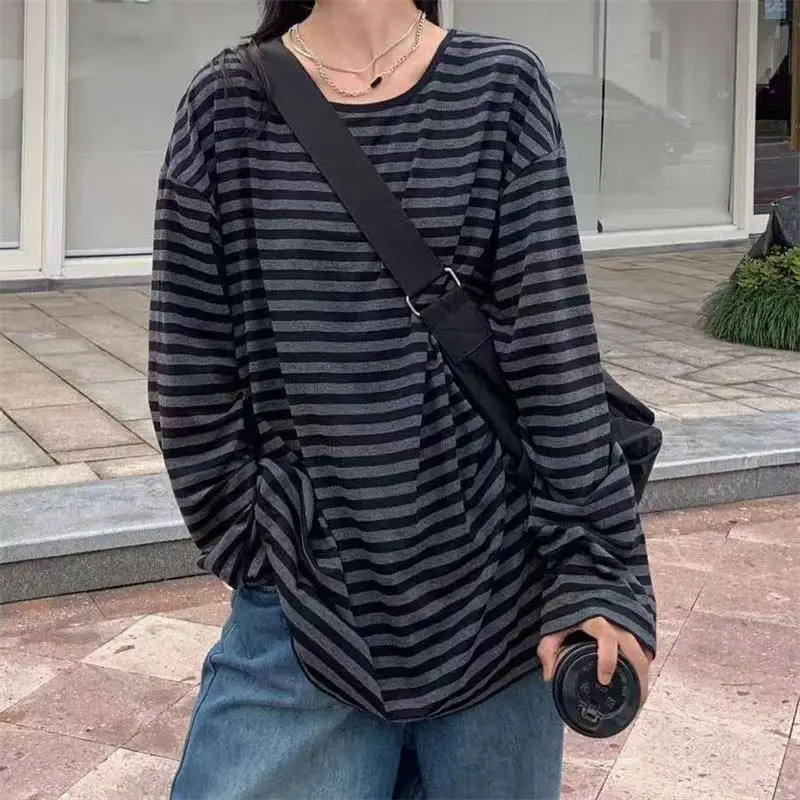 Herbst Frauen Harajuku Gestreiften T-shirt Lange Hülse O-ansatz Casual Oversize Top Femme Streetwear Schwarz Grau Lose Straße Tops Y2K – Detail 15