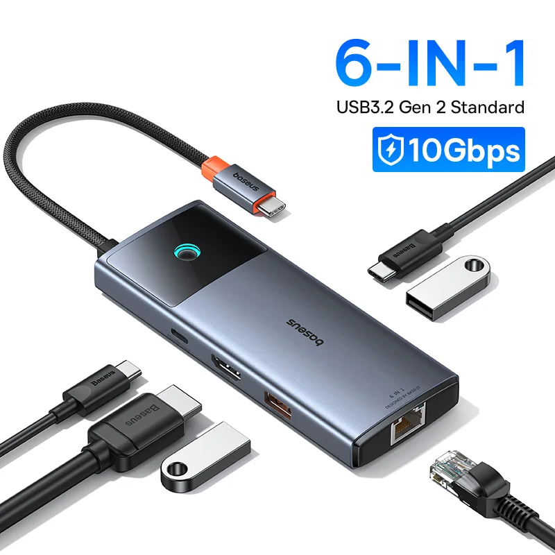 Baseus USB C HUB HDMI 4K 60Hz Adapter 6-w-1 Szybki Rozdzielacz USB 3.2 10Gbps Typ C PD100W z RJ45 do Laptopa Macbook Pro Air Hub — zdjęcie produktu 7