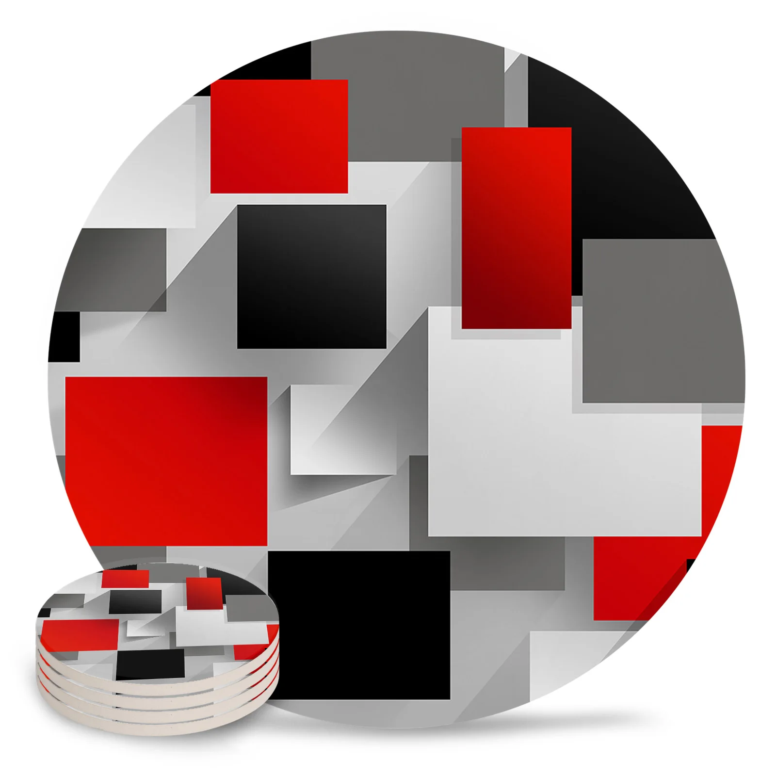 Geometric Red Black Gray Solid Abstract Ceramic Coaster Set Kitchen Table Round Placemat Luxury Decor Coffee Tea Cup Coasters