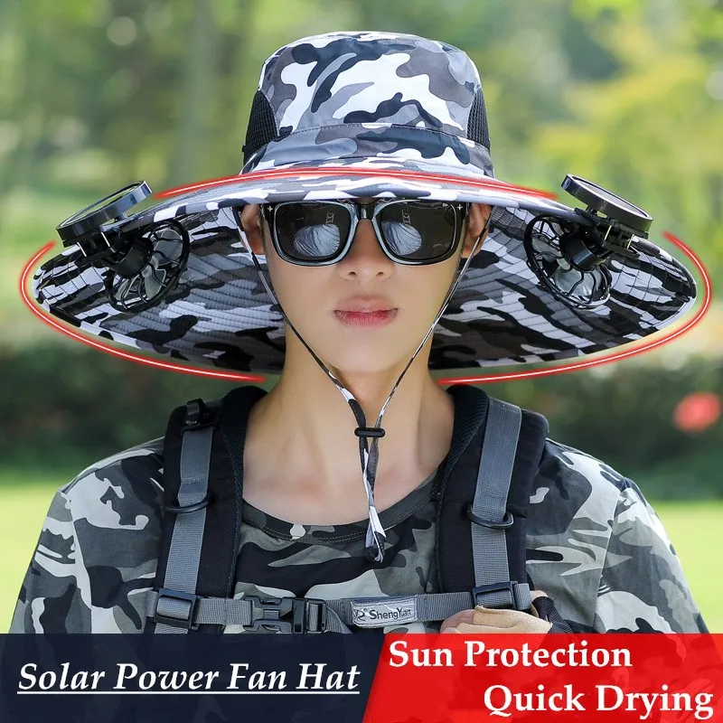 

Adjustable Summer Solar Fan Hat Men Women Outdoor Riding Hiking Camping Fishing Sports Bucket Hat Anti-UV Sun Protection Sun Cap