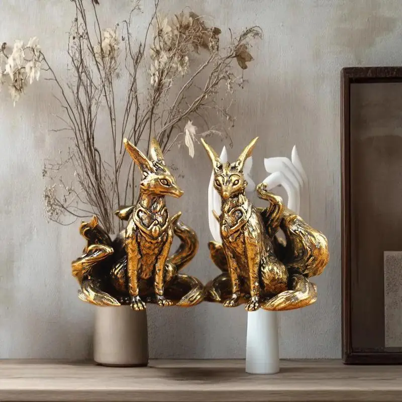 △ Nine Tailed Fox Miniature Figurines Desk Ornament Brass Mythical Fox Statue Mini Copper Animal Sculpture Home Decor Crafts