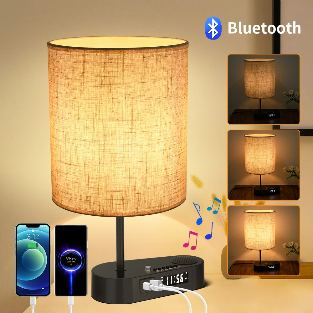 Bedside Table Lamp with Bluetooth and Alarm Clock Function Fabric Music Player Table Lamp Three Color Adjusted for Living Room