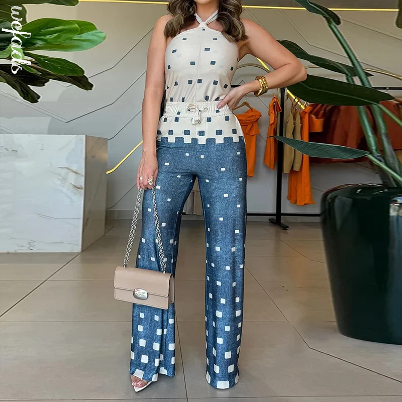 Wefads Two Piece Suit 2024 Summer Women Casual Printed Halter Sleeveless Solid  Slim Top Fashion Wide Leg Pants Sets Streetwear