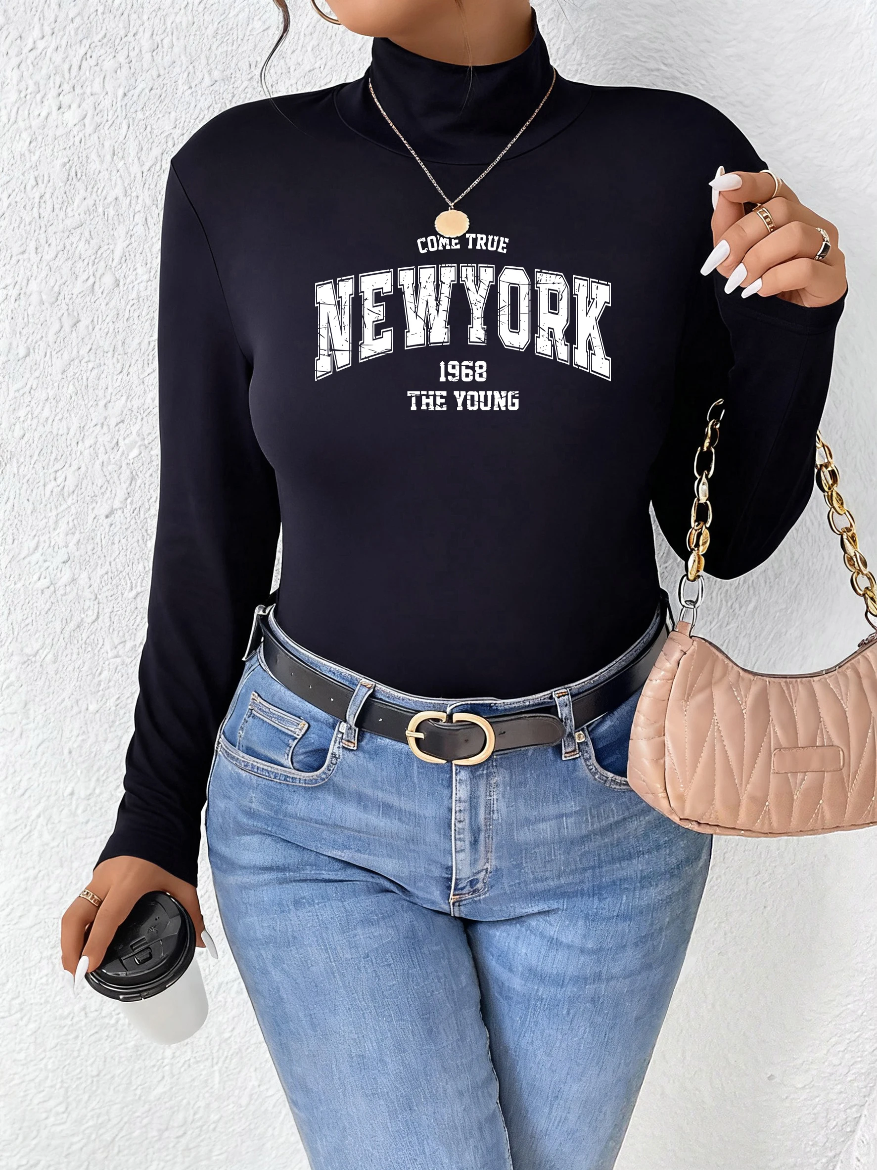 Come Ture-camisetas con estampado de letras de Nueva York para mujer, camisa básica elástica de cuello medio alto, ropa de lana de manga larga para otoño