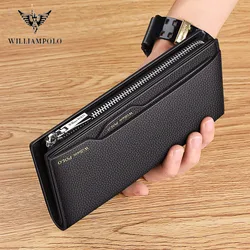 WilliamPOLO-cartera de cuero genuino con cremallera para hombre, tarjetero para teléfono móvil, bolso de mano