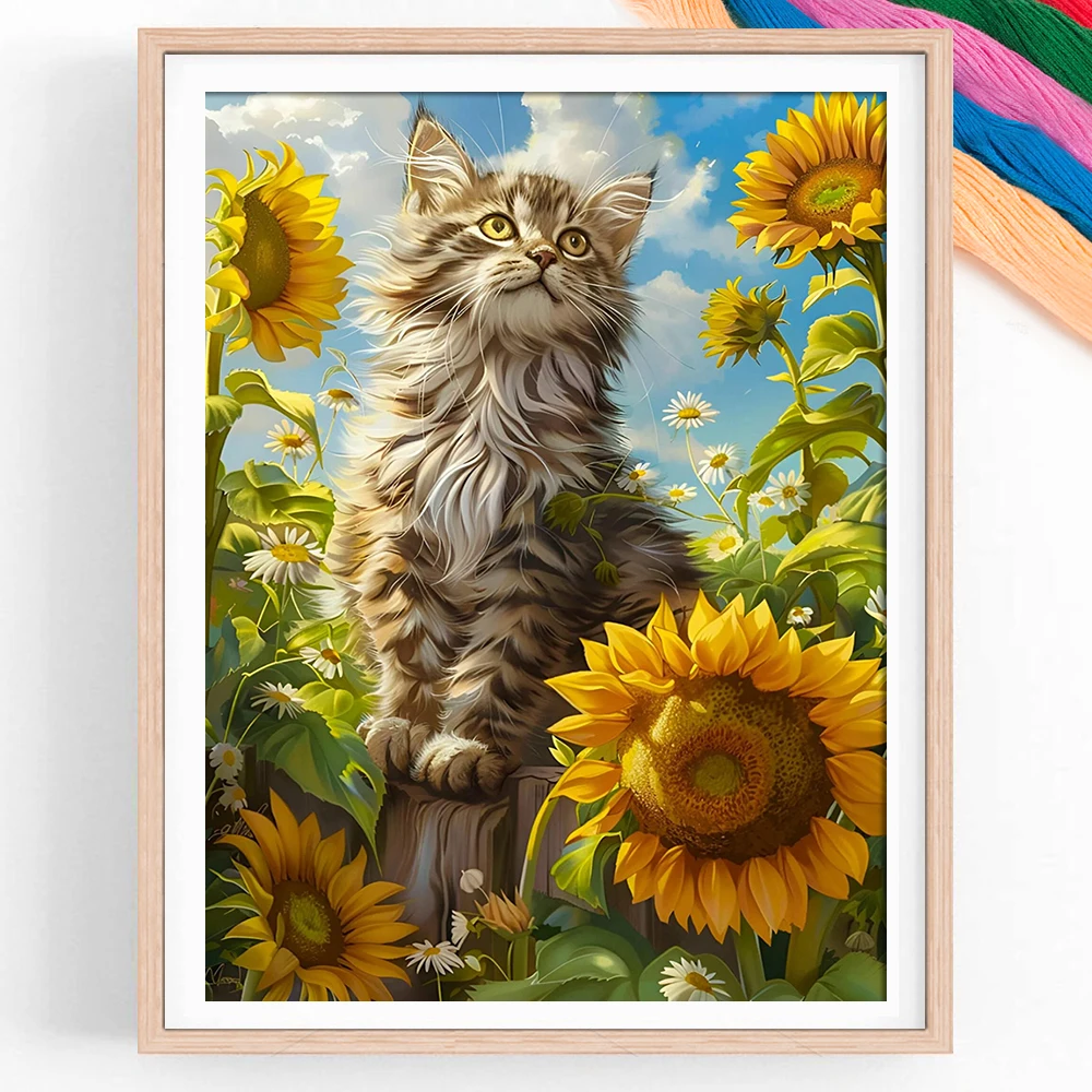 Sunflower Cross Stitch Kit Animal Cat Printed Canvas Full Embroidery 11CT Handicraft Home Decor