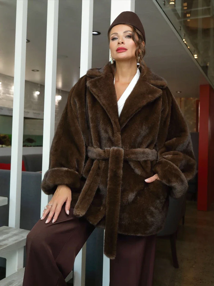 Women's Luxury Mink Faux Fur Coat Elegant Belted Wrap Jacket Fall Winter Warm Fluffy Overcoat Ladies Long Sleeve Outerwear