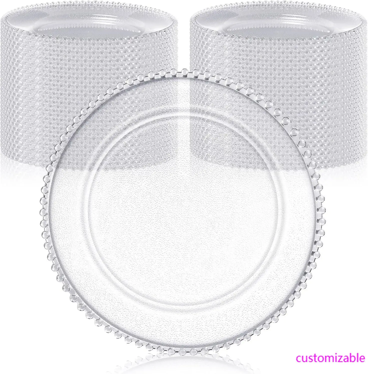 

50 Pack Clear Charger Plates Bulk 13 Inch Plastic Round Beaded Dinner Chargers Acrylic Frosted Grain Decorative Service Plates