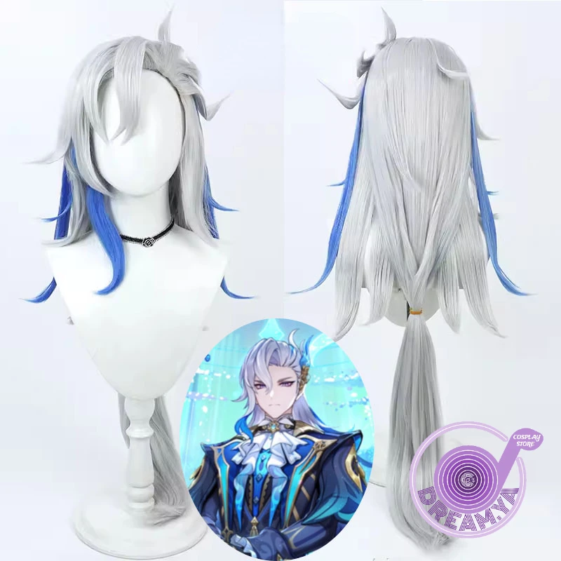 

Neuvillette Cosplay Wig Genshin Impact Gray Blue 100cm Heat Resistant Synthetic Hair Halloween Role Play Party + Free Wig Cap