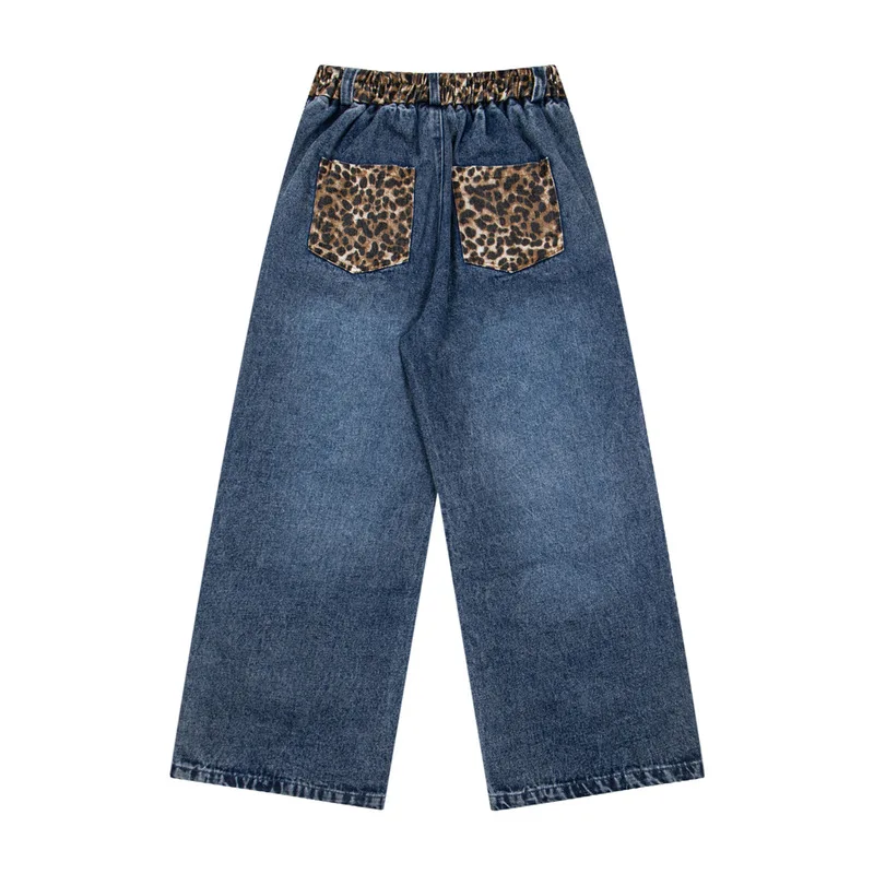 FACTCHECK Cute Dog Embroidery Washed Straight-Leg Jeans Autumn Winter Unisex Leopard Print Waist Patchwork Wide-Leg Design