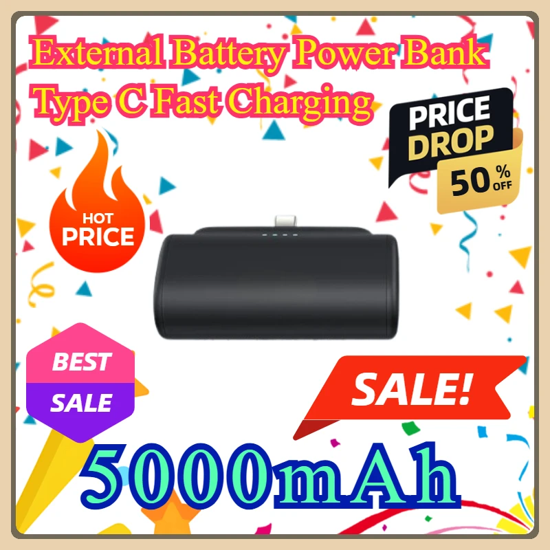 

For IPhone 15 Pro Max Samsung Xiaomi Mini Power Bank 20W 5000mAh Type C Fast Charging External Battery Power Bank