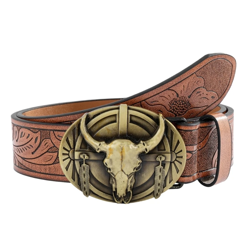 

Large Buckle Belt for Men Cowboy PU Belt Ethnic Jeans Belt WesternStyle Pants Belt for Costume Dress Up Casual Waistband