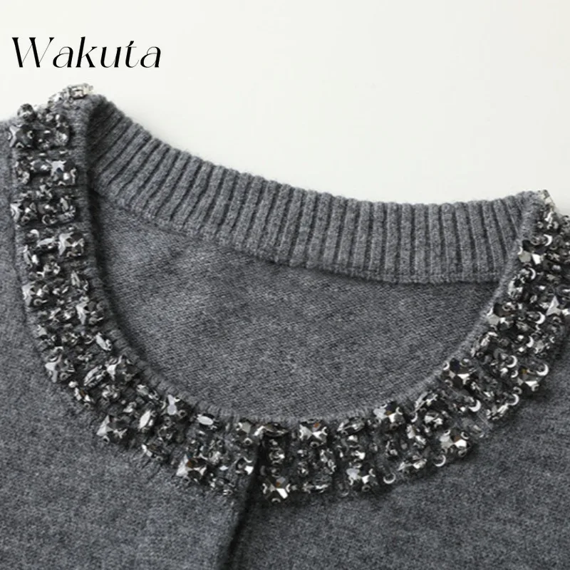 WAKUTA Korean Retro O-neck Long-sleeved Solid Knitted Top Fashion Bead Embroidery Flowers Slim Thin Single-breasted Knit Sweater