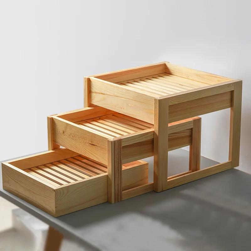 

Suitable for cafeteria three-layer stackable wooden bread snack rack, dessert open stall stacked high tray commercial display sh