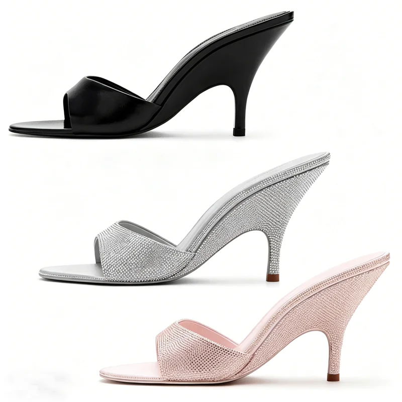 

Sexy Peep Toe Women Slippers Stable Wedge Heeled Sandals for Ladies Luxury Rhinestone Detail Summer Shoes Elegant Party Heels