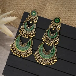 Women's Alloy Pendant Vintage Indian Earrings Ethnic Bohemian Green Drip Oil Long Bell Tassel Earrings Boho Brincos Jewelry