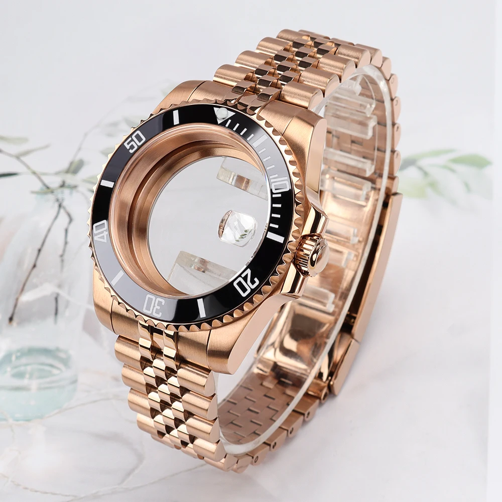 ตัวเรือนนาฬิกา PVD สีโรสโกลด์ ขนาด 40 มม. รุ่น NH35 ขอบเซรามิก กระจกแซฟไฟร์ สำหรับนาฬิกา SUB Seiko NH35 NH34 NH36/38 Miyota8215 ETA2824 พร้อมสาย Jubilee