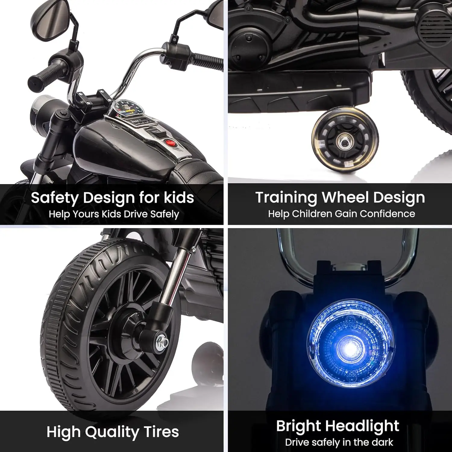 Kids Electric Motorcycle, 12V Battery Powered, 3-Wheel Ride On Toy w/Training Wheels,Reverse, Headlight, Horn,Music,Ages 3-5Y