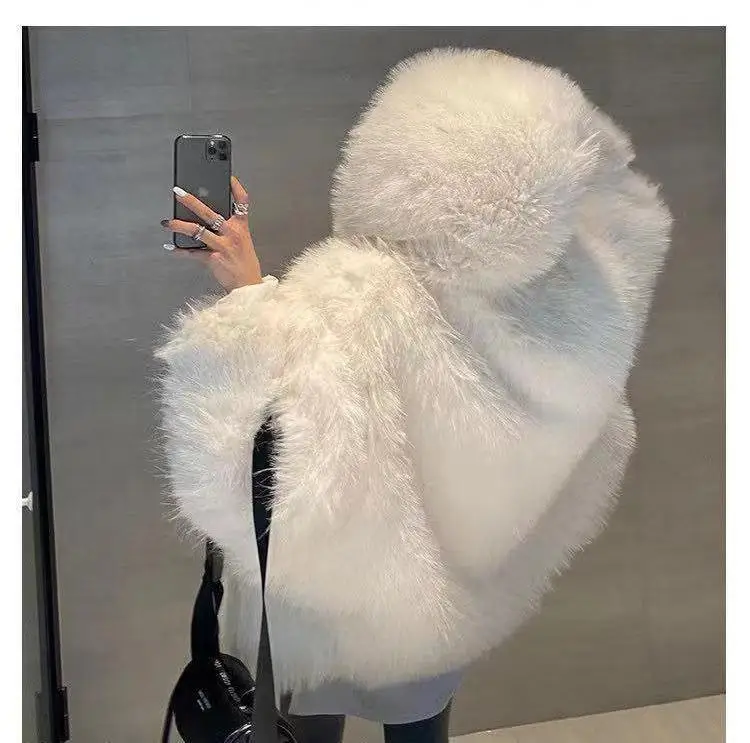 winter 2024 new Korean version of fox fur imitation fur coat women's medium length Internet red fried street hooded fur coat