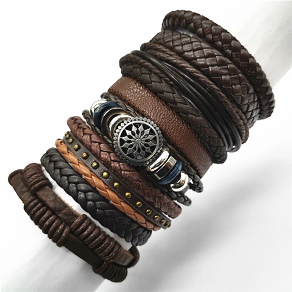 10 Pcs/set Brown Wrap Woven Fashion Handmade Men Bracelets Male Women PU Leather Bracelets Men Bangle Wholesale Jewelry