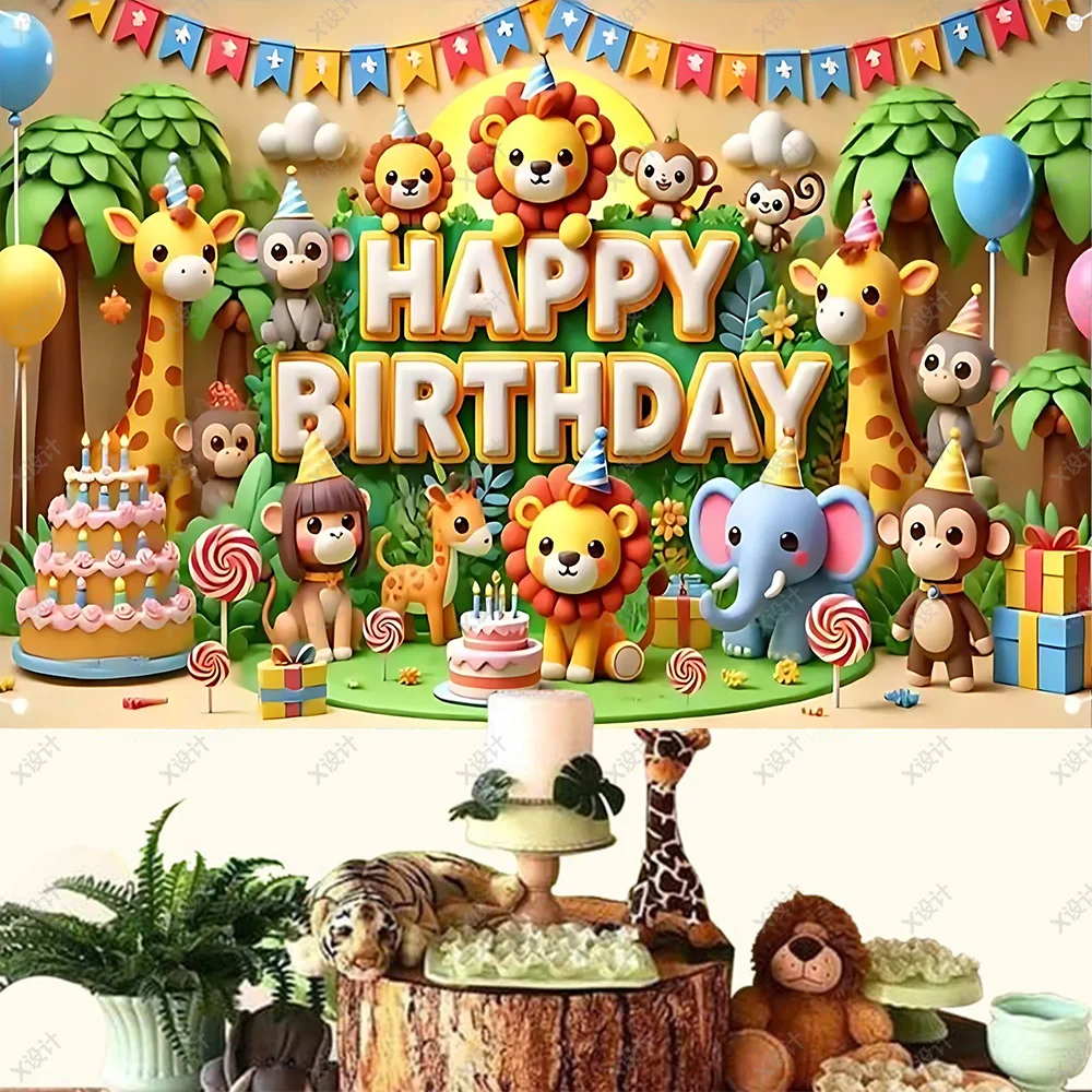 Animaux de la Jungle fond coloré dessin animé mignon décoration de fête  d'anniversaire pour enfants bannière cadeaux de fête accessoires de séance  Photo pour bébé / Articles de fête, image size:1000x1000