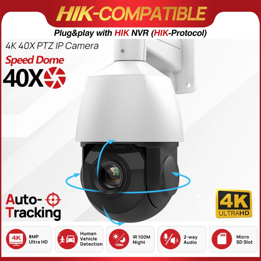 

Совместимая с Hikvision IP-камера PTZ 4K 8 МП с 40-кратным зумом, отслеживанием людей и транспортных средств, для наружного видеонаблюдения, Plug&Play, HIK NVR