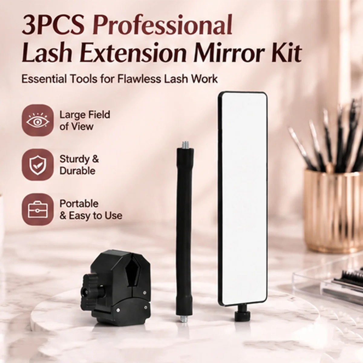3Pcs Professional Eyelash Extension Mirror Set HD Large View Lash Inspection Mirror Stand Tray Holder Salon Lash Tech Supplies
