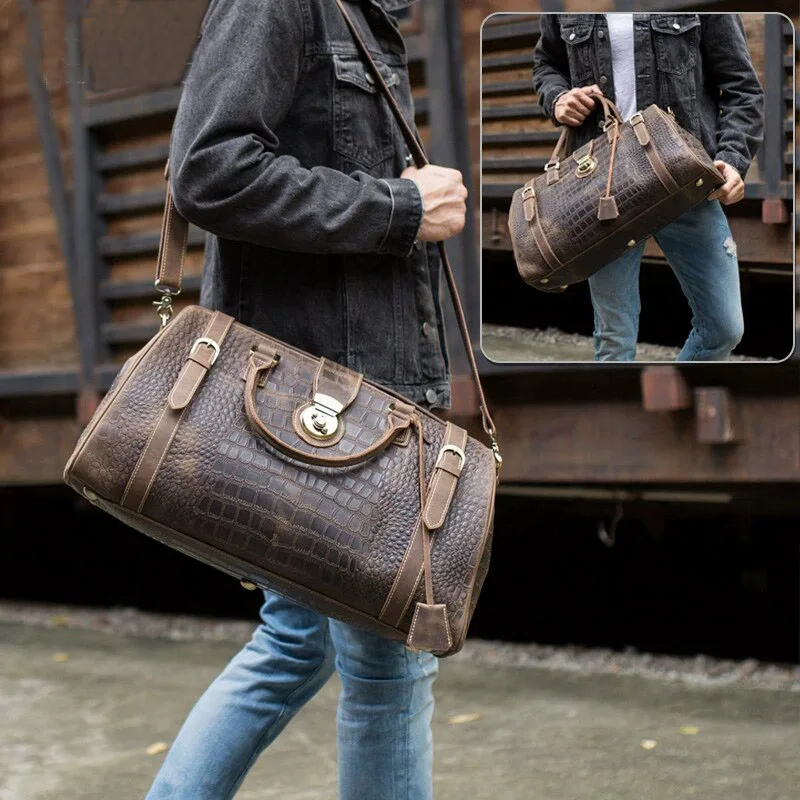 

Vintage Crazy Horse Genuine Leather Mens Travel Bag With Lock Big Capacity Crocodile Travel Duffle Bag Male Carry On Luggage Bag