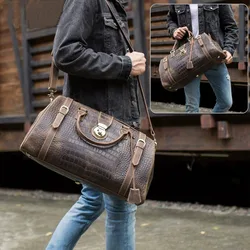 Borsa da viaggio Vintage da uomo in vera pelle di cavallo pazzo con serratura borsa da viaggio in coccodrillo di grande capacità borsa da viaggio per uomo